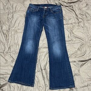 Lucky Brand Button Fly Dark Blue Flare Bootcut Jeans Embroidered Pockets 2 26